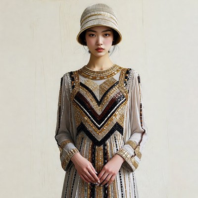 Asian woman in beaded dress and cloche hat