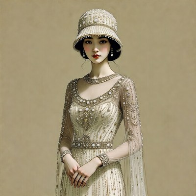 Asian woman in beaded 1920s flapper dress