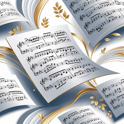 Flying Sheet Music with Golden Leaves