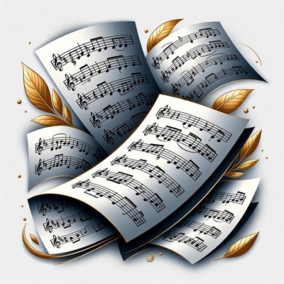 Flying Sheet Music with Golden Leaves