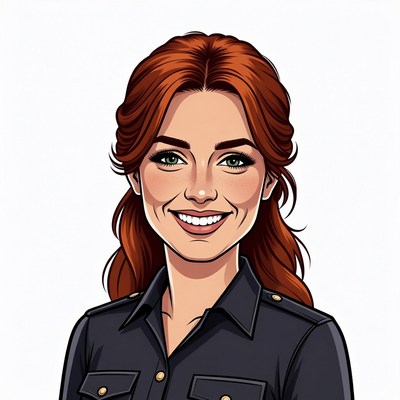 Smiling redhead woman in navy shirt