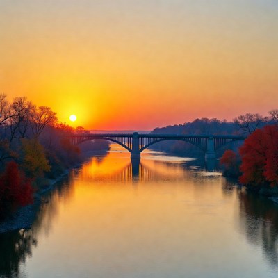 Sunset over River Bridge with Autumn Trees