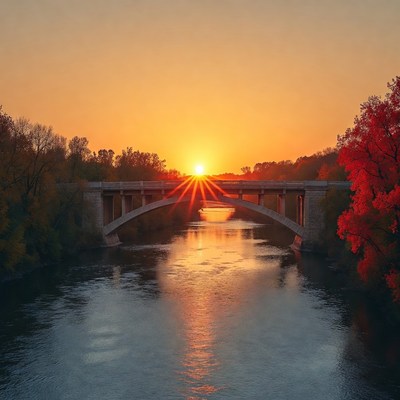 Sunset over arched bridge and river