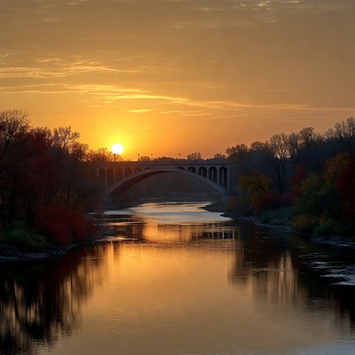 Sunset Over Arched Bridge and River