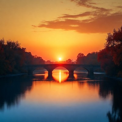 Stone Bridge at Sunset over River