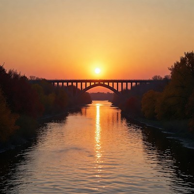 Bridge over river at sunset