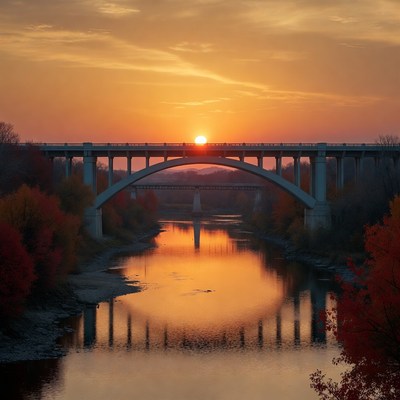 Sunset Over Arched Bridge and River