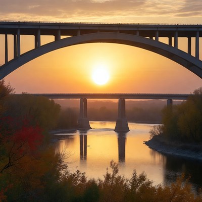 Arch Bridge over River at Sunset