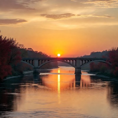 Sunset Over Arched Bridge River
