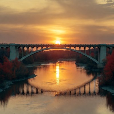Arch Bridge at Sunset over River