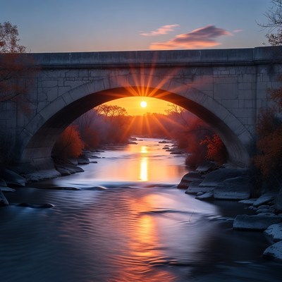 Sunset Through Stone Bridge Over River