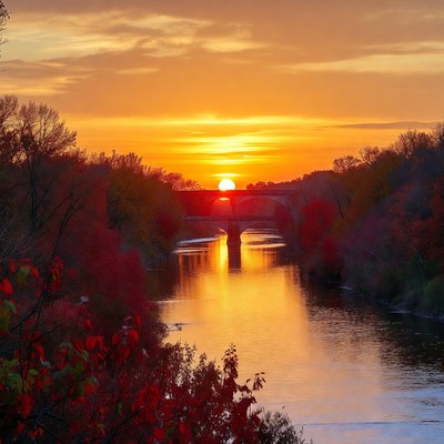 Sunset Over Bridge and Autumn River