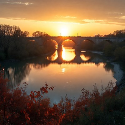 Stone Bridge at Sunset over River