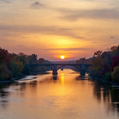Sunset over River Bridge with Autumn Trees