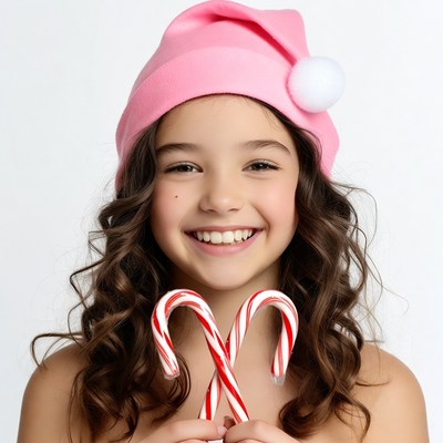Girl holding candy canes in pink Santa hat