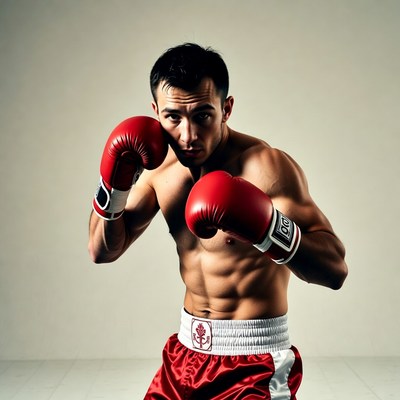 Muscular male boxer in fighting stance