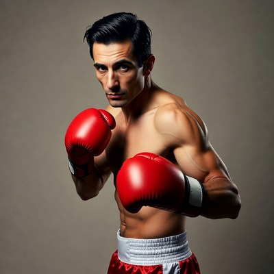 Muscular man boxing with red gloves