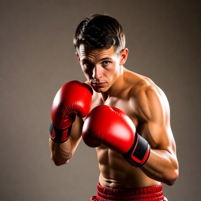 Young man boxing with red gloves