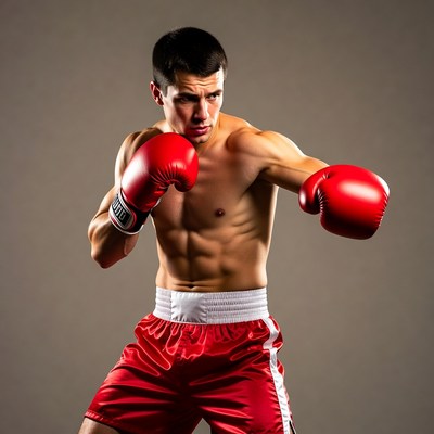 Muscular man boxing in red gloves