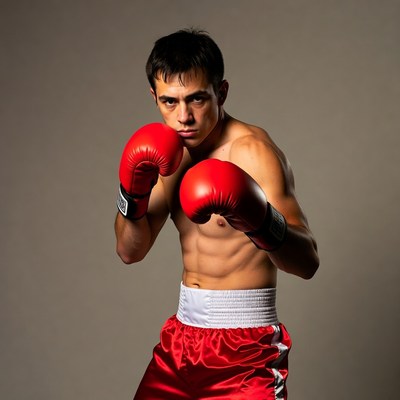 Muscular boxer in red gloves posing