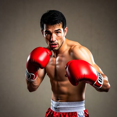 Muscular man boxing with red gloves