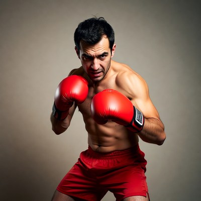 Muscular man boxing with red gloves