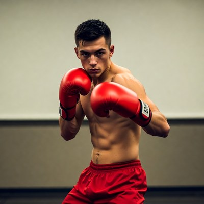 Young man boxing pose with red gloves