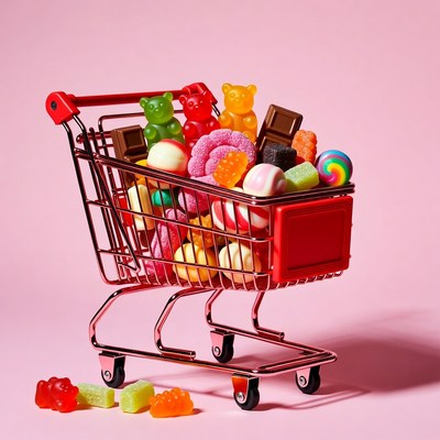 Red shopping cart overflowing with colorful candies