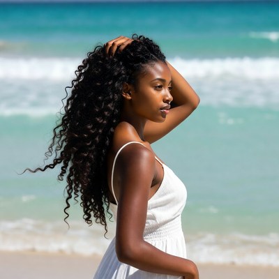 Black woman with curly hair at beach