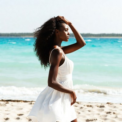 African-American woman in white dress on beach
