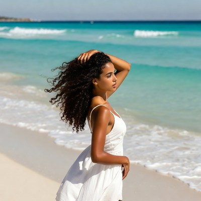 Curly-haired woman on beach