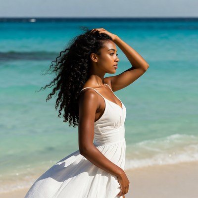 Black woman in white dress on beach