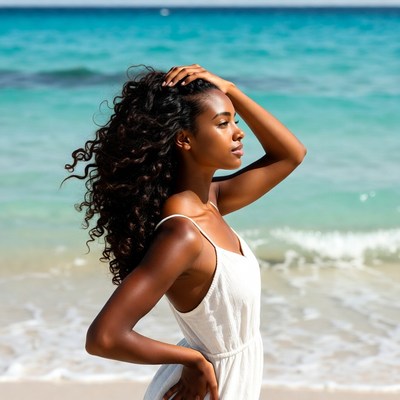 Black woman in white dress on beach