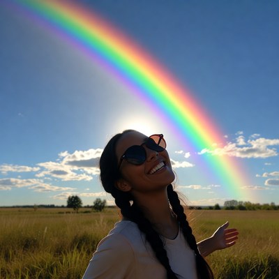 Woman smiling under rainbow in field