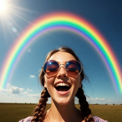 Woman smiling under rainbow sunglasses