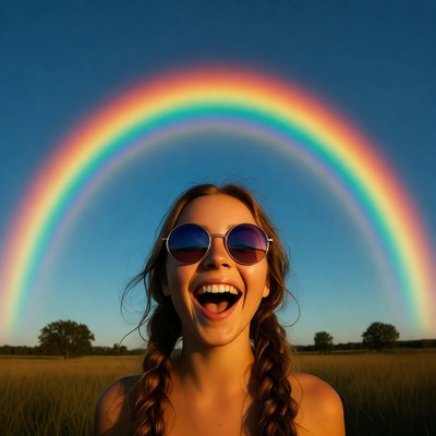 Smiling woman with round sunglasses and rainbow