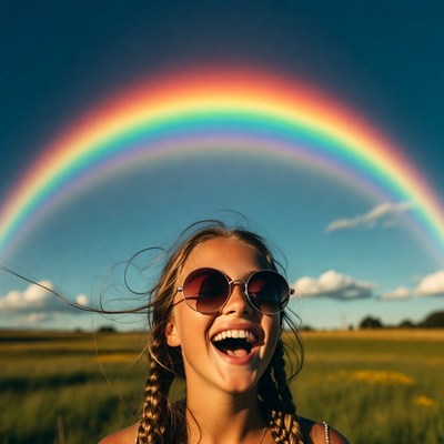 Girl laughing with rainbow and sunglasses