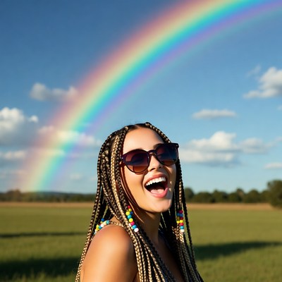 Woman smiling under rainbow in field