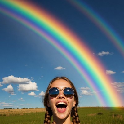 Girl smiling with rainbow and sunglasses