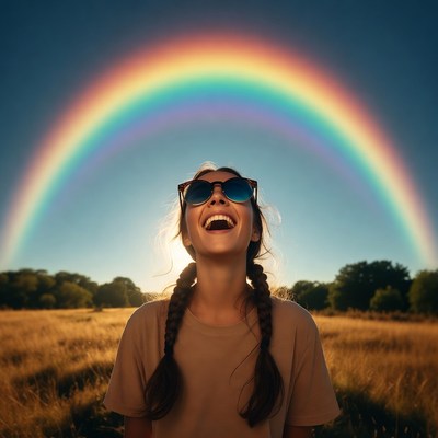 Woman laughing under rainbow