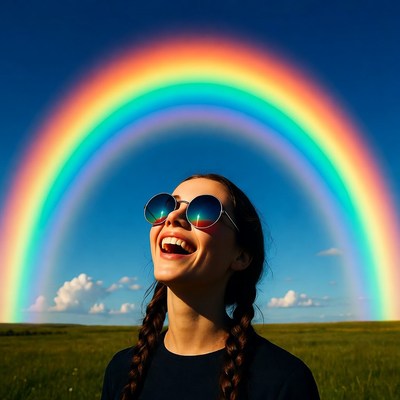 Woman smiling under rainbow sunglasses