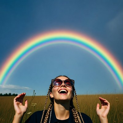 Woman laughing under rainbow