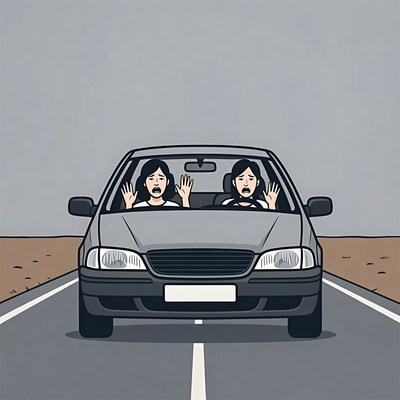 Two Asian women screaming in car
