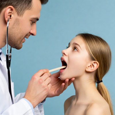 Doctor examining girl's throat