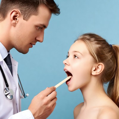 Doctor examining girl's throat