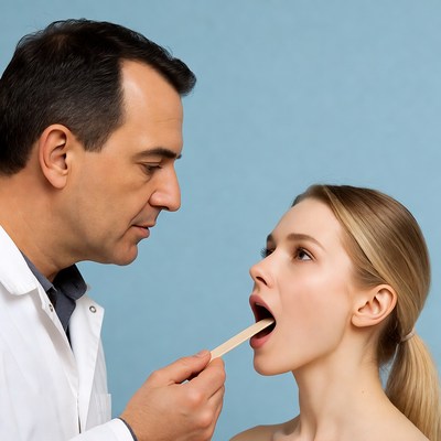 Doctor examining girl's throat