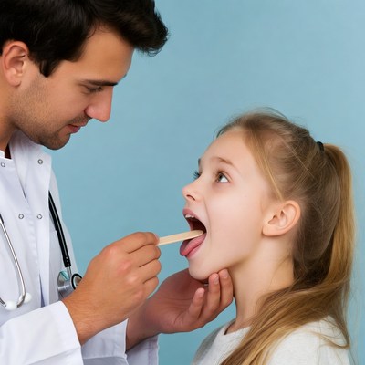 Doctor examining girl's throat