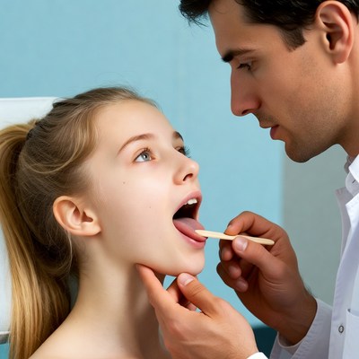 Doctor examining girl's throat