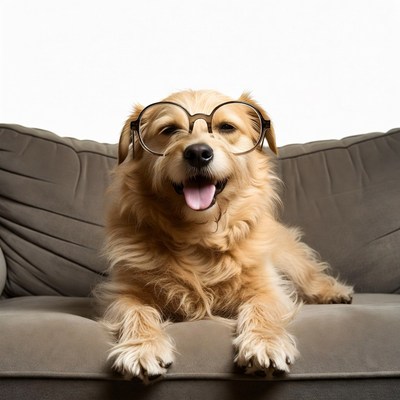 Golden dog wearing glasses on couch