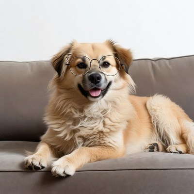 Dog wearing glasses on couch